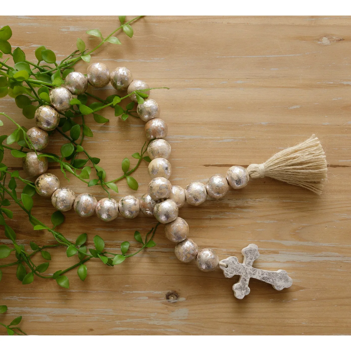 Silver Foil Farmhouse Beads With Cross 30"