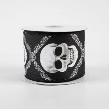 💙 Skulls Diagonal Weave Black & White Ribbon 2.5" x 10 yards - Image 2