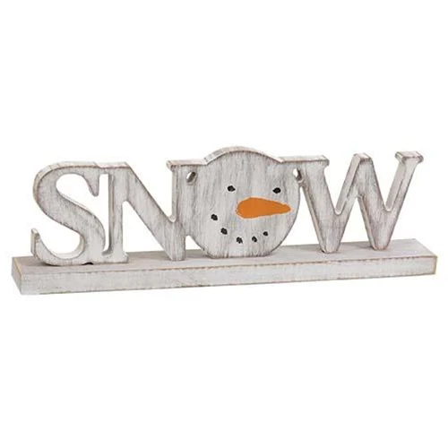 SNOW Distressed Snowman Sitter Sign on Base