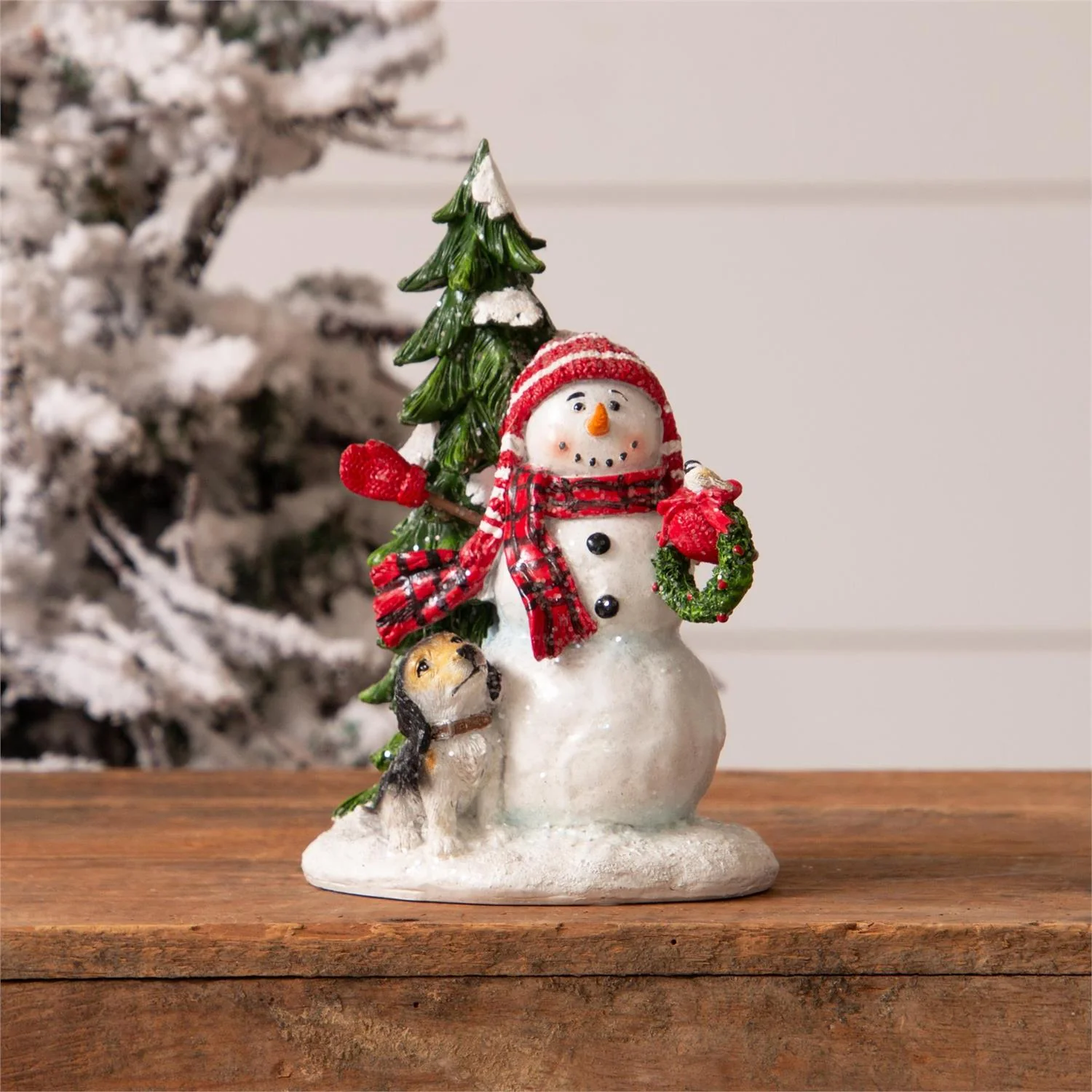 Snowman And Puppy Sparkly Resin Figurine 7.5" H