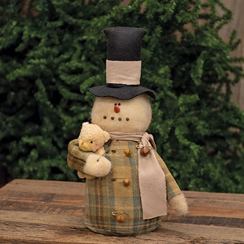 Snowman in Plaid Jacket with Teddy Bear Fabric Figure 16"H