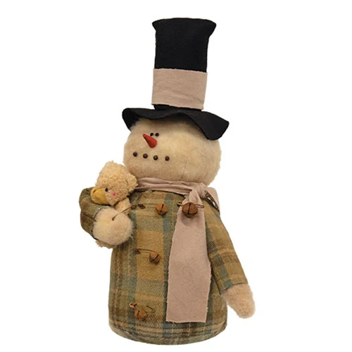 Snowman in Plaid Jacket with Teddy Bear Fabric Figure 16"H - Image 2