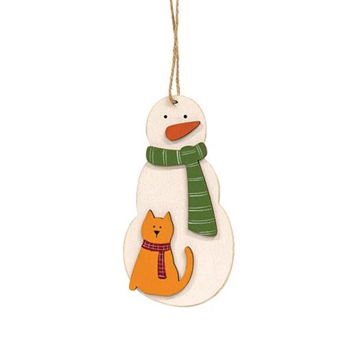 💙 Snowman With Orange Cat Wooden Ornament - Image 2