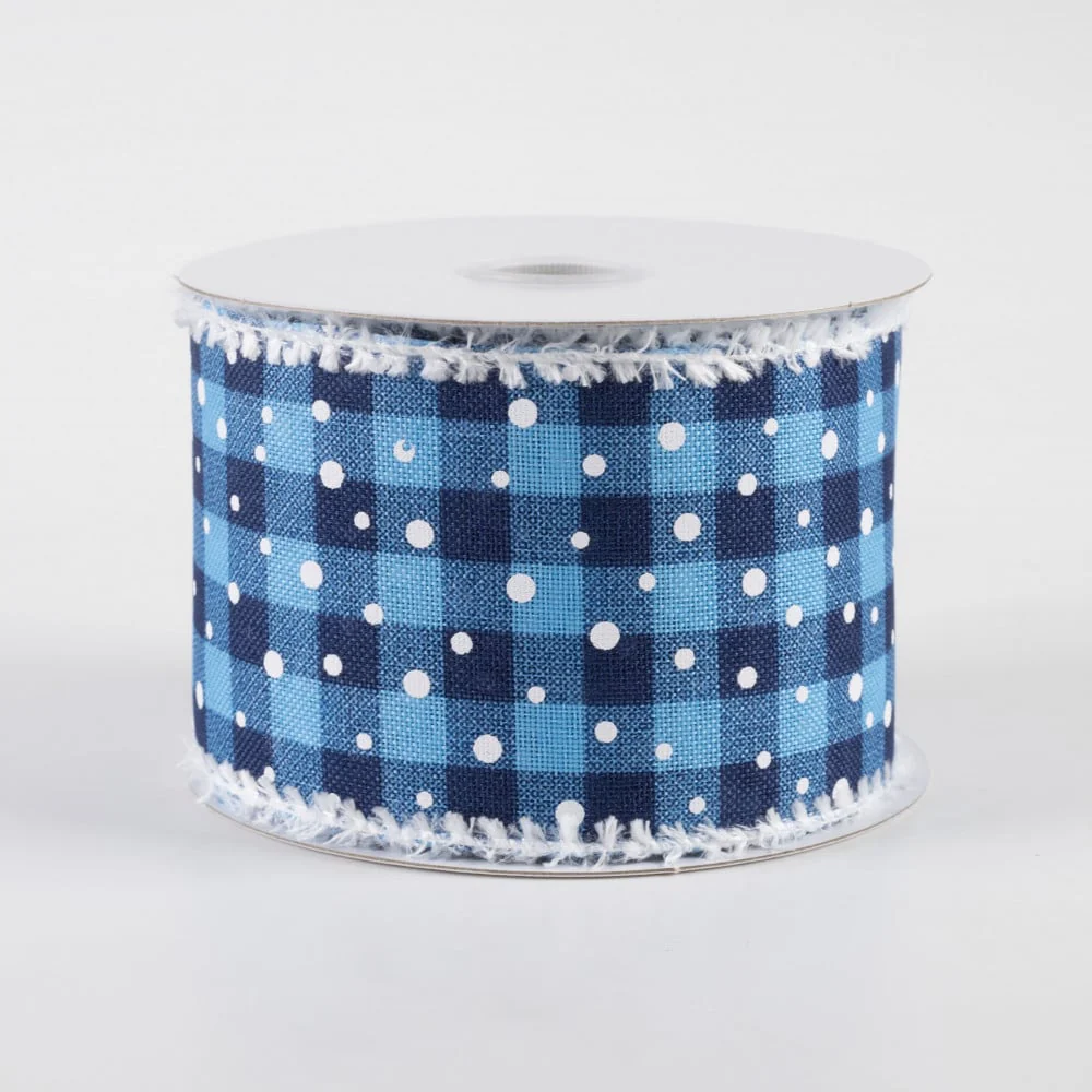 ๐ Snowy Blue Plaid Ribbon with Fuzzy Edge 2.5" x 10 yards
