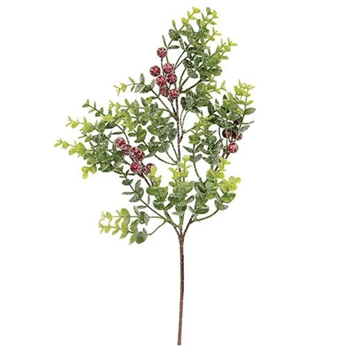 Snowy Glittered Boxwood & Berry 19" Faux Evergreen Pick