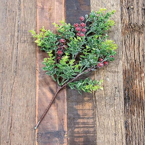 Snowy Glittered Boxwood & Berry 19" Faux Evergreen Pick - Image 2