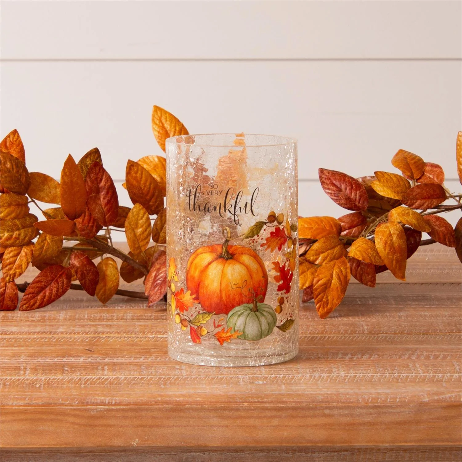 So Very Thankful Fall Crackle Glass Luminary With Lights - Image 2