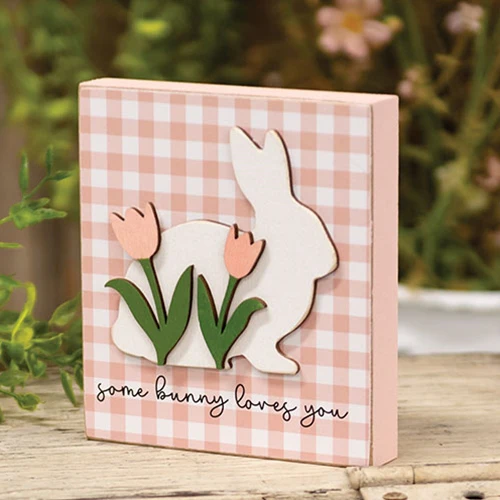 ๐ Some Bunny Loves You Bunny & Tulip 4.5" Wooden Block Sign