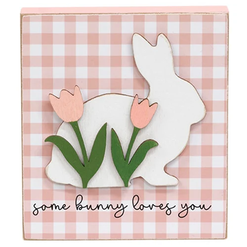 ๐ Some Bunny Loves You Bunny & Tulip 4.5" Wooden Block Sign - Image 2
