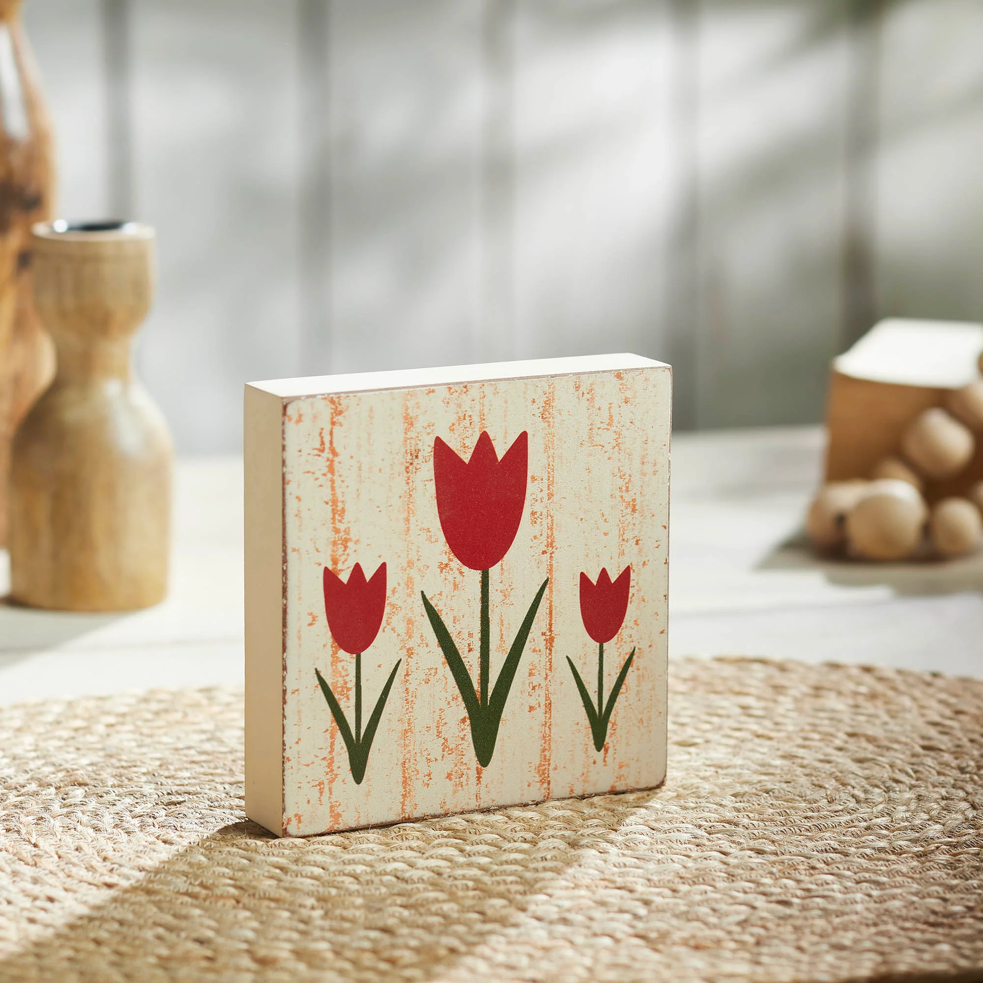 Spring In Bloom Red Tulips Rustic 5" Block Sign