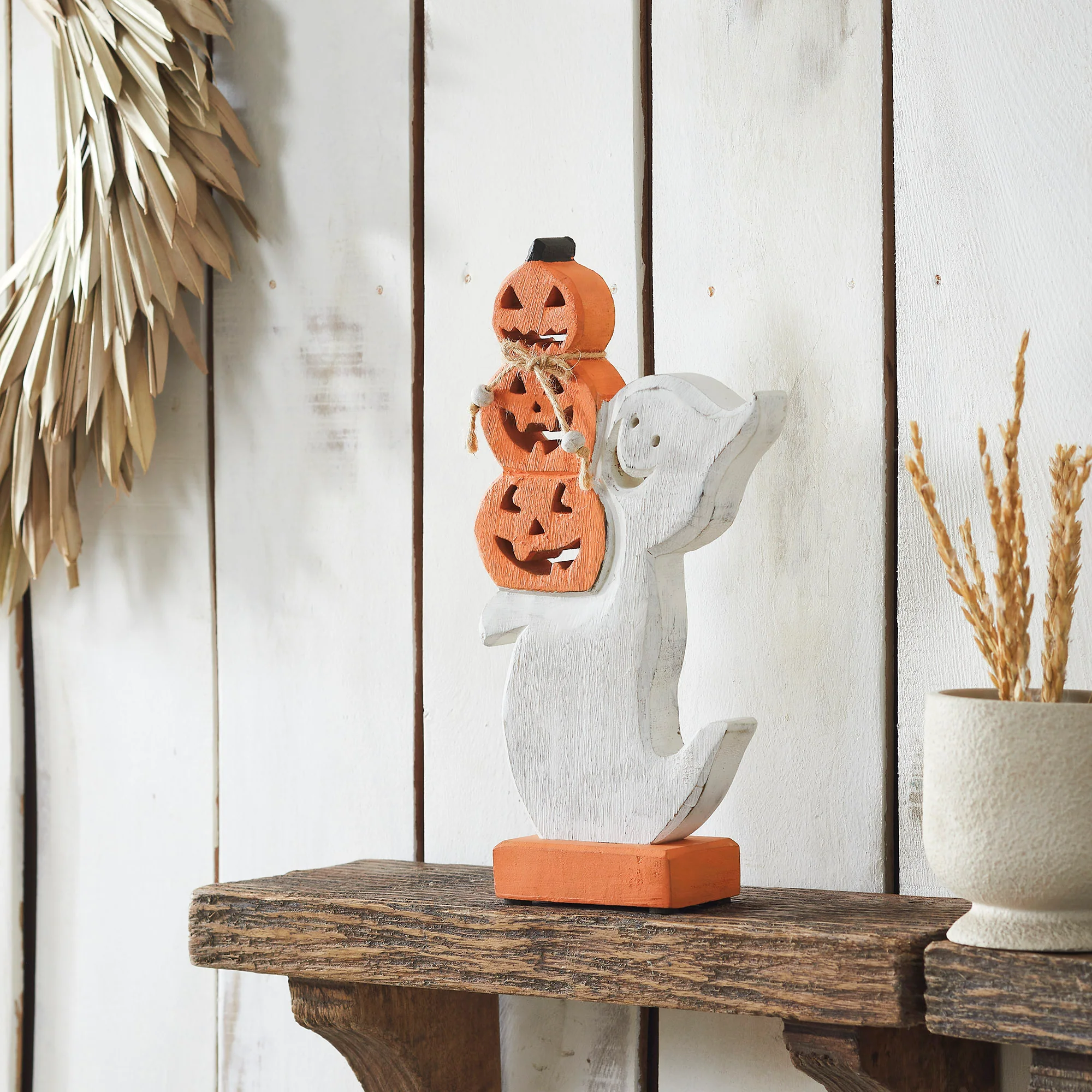 Stacked Jack-O-Lantern Wooden Ghost 11" H