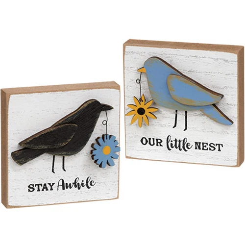 ๐ Stay Awhile and Our Little Nest Set of 2 Layered Bird 4" Wood Blocks