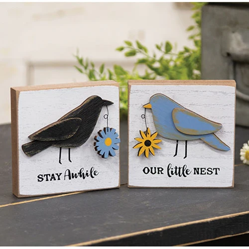 ๐ Stay Awhile and Our Little Nest Set of 2 Layered Bird 4" Wood Blocks - Image 2