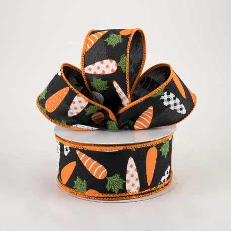 Stripes & Dots Carrots on Black Ribbon 1.5" x 10 yards - Image 2