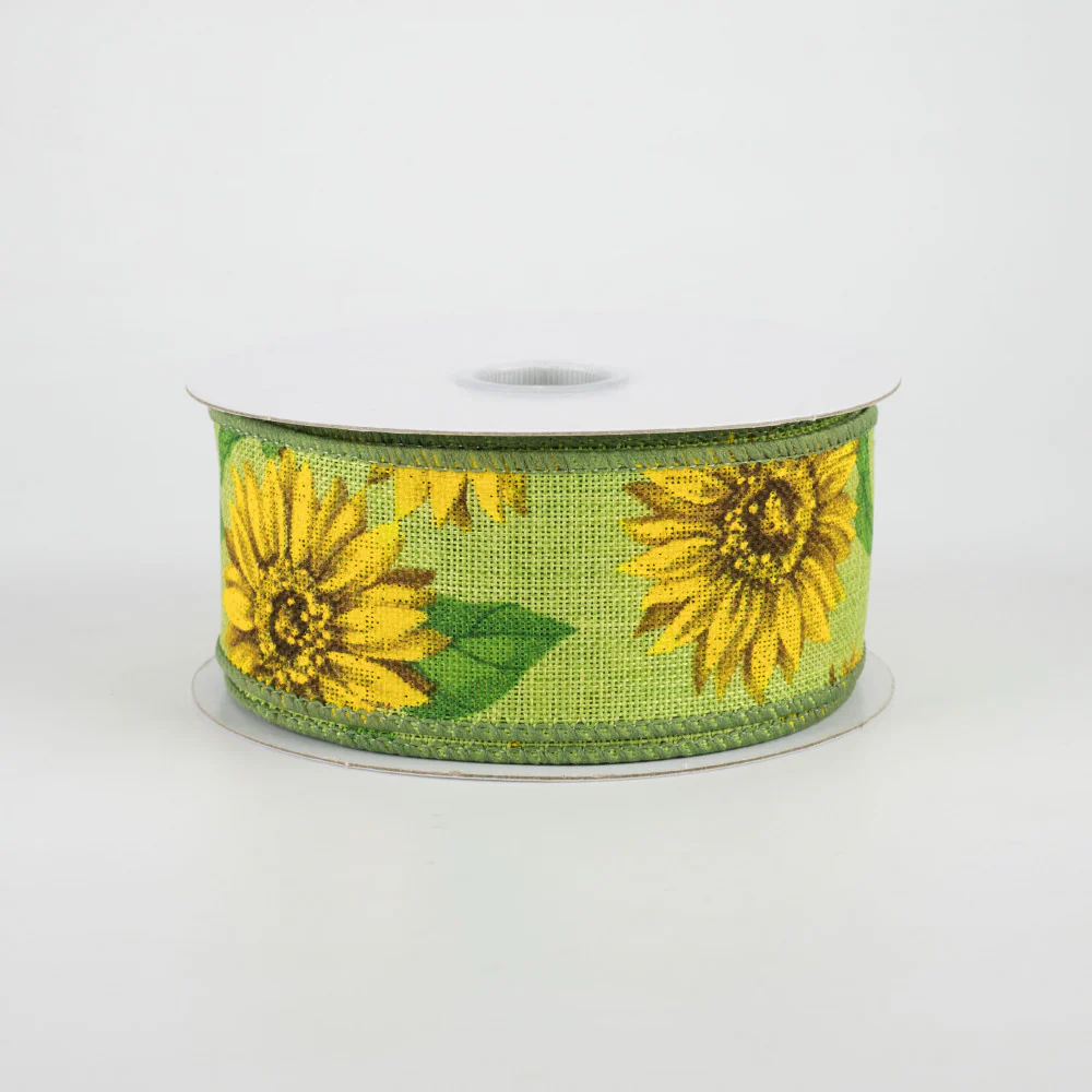 Sunflower on Lime Green Ribbon 1.5" x 10 yards - Image 2