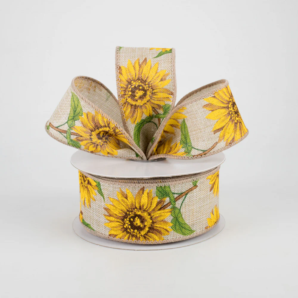 Sunflower on Natural Tan Ribbon 1.5" x 10 yards