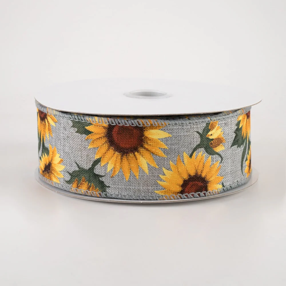 💙 Sunflowers & Leaves on Grey Ribbon 1.5" x 10 yards - Image 2