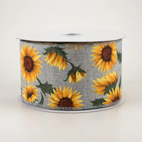 Sunflowers & Leaves on Grey Ribbon: Grey 2.5" x 10 Yards