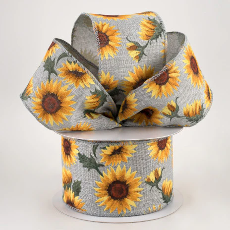 Sunflowers & Leaves on Grey Ribbon: Grey 2.5" x 10 Yards - Image 2