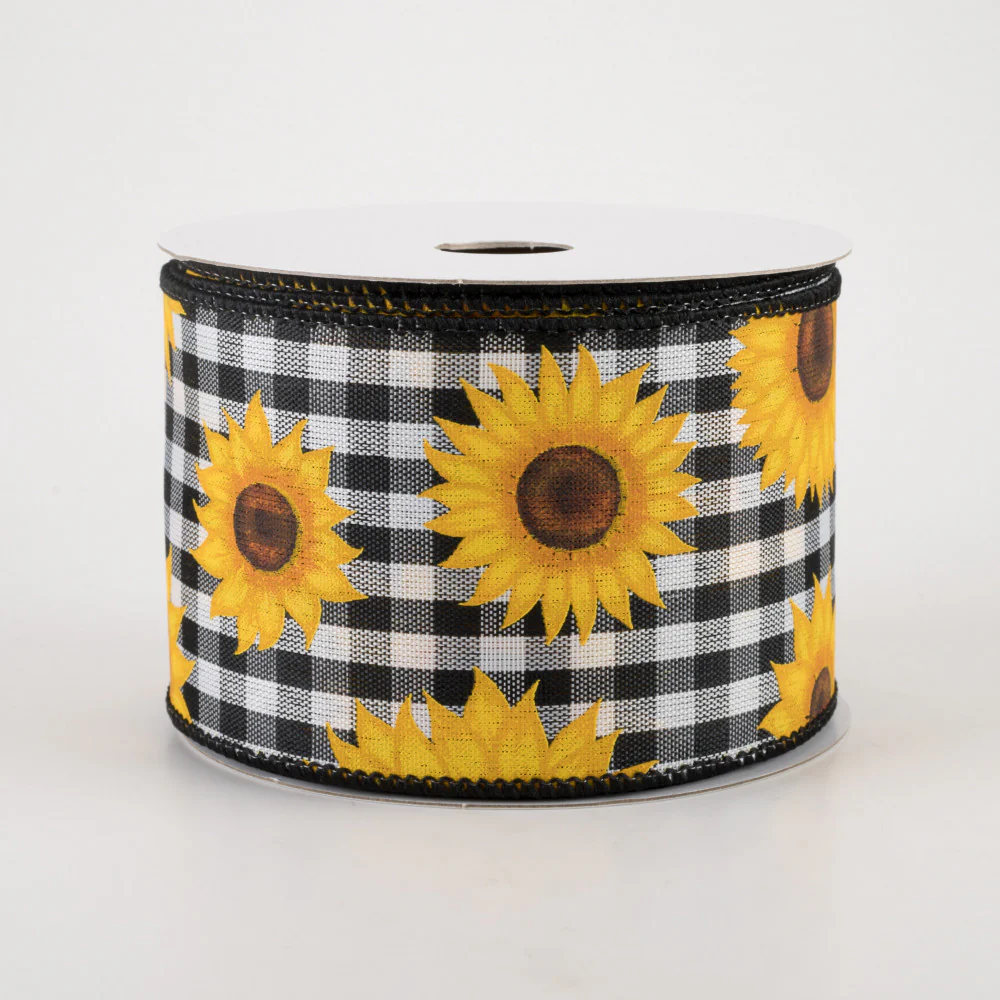 Sunflowers on Black & White Gingham Ribbon 2.5" x 10 yards