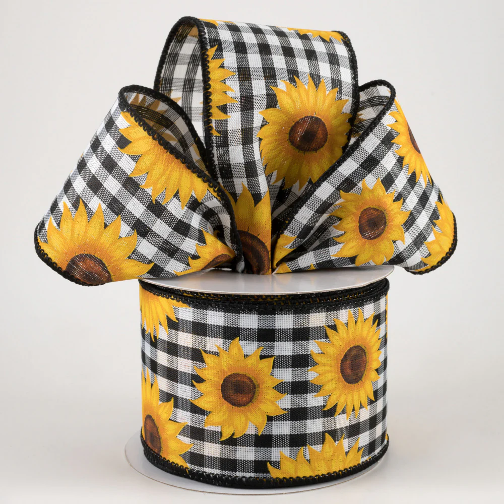 Sunflowers on Black & White Gingham Ribbon 2.5" x 10 yards - Image 2