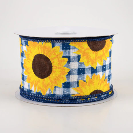 ๐ Sunflowers on Blue and White Check Ribbon 2.5" x 10 yards