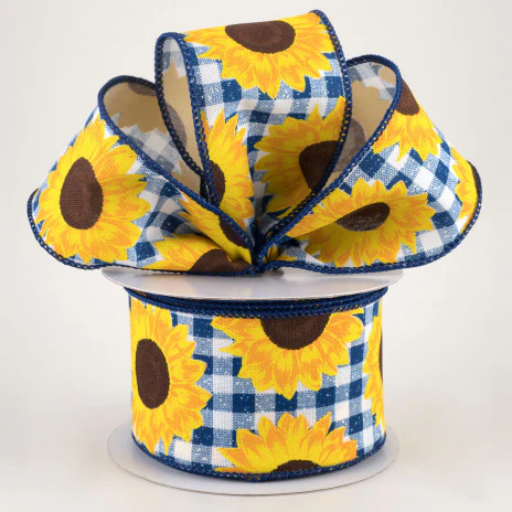 ๐ Sunflowers on Blue and White Check Ribbon 2.5" x 10 yards - Image 2