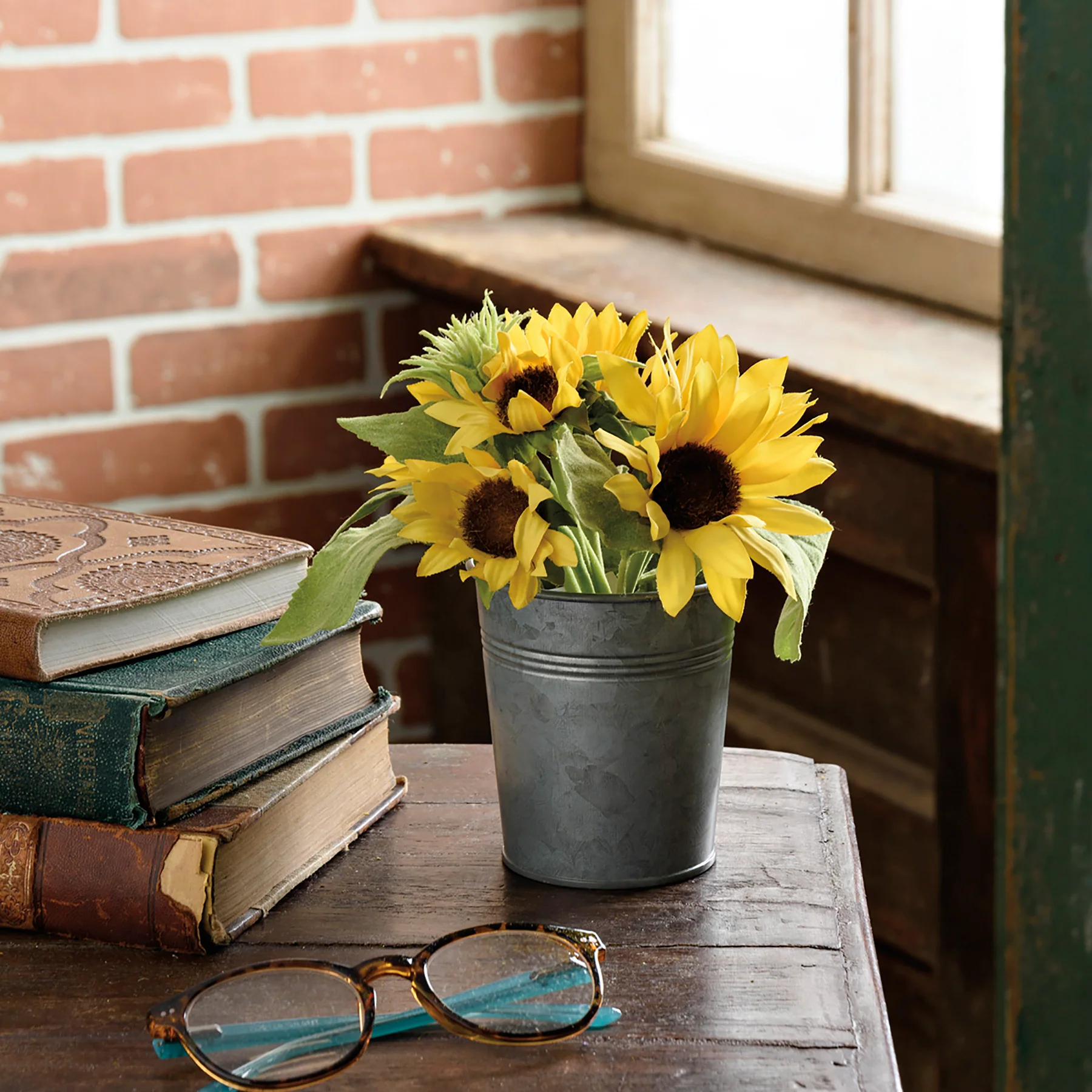 💙 Sunny Yellow Faux Sunflower Plant in Galvanized Bucket