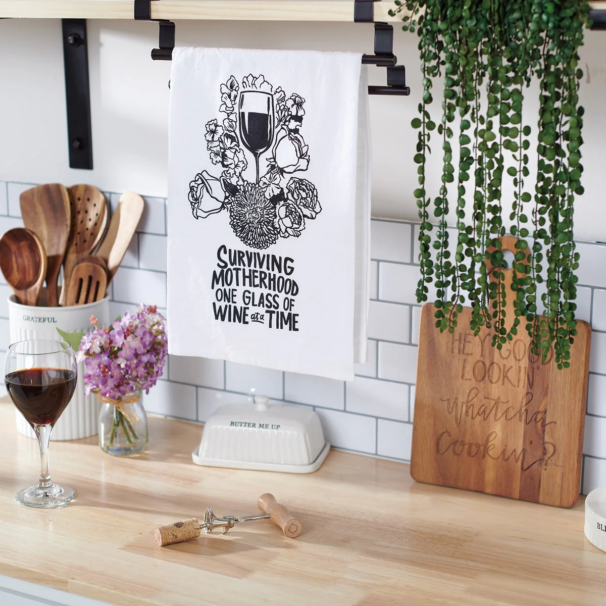 Surviving Motherhood One Glass of Wine at a Time Kitchen Towel - Image 2
