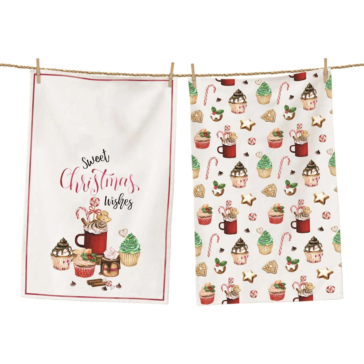 Sweet Christmas Wishes Cupcake & Cocoa Dish Towel Set of 2