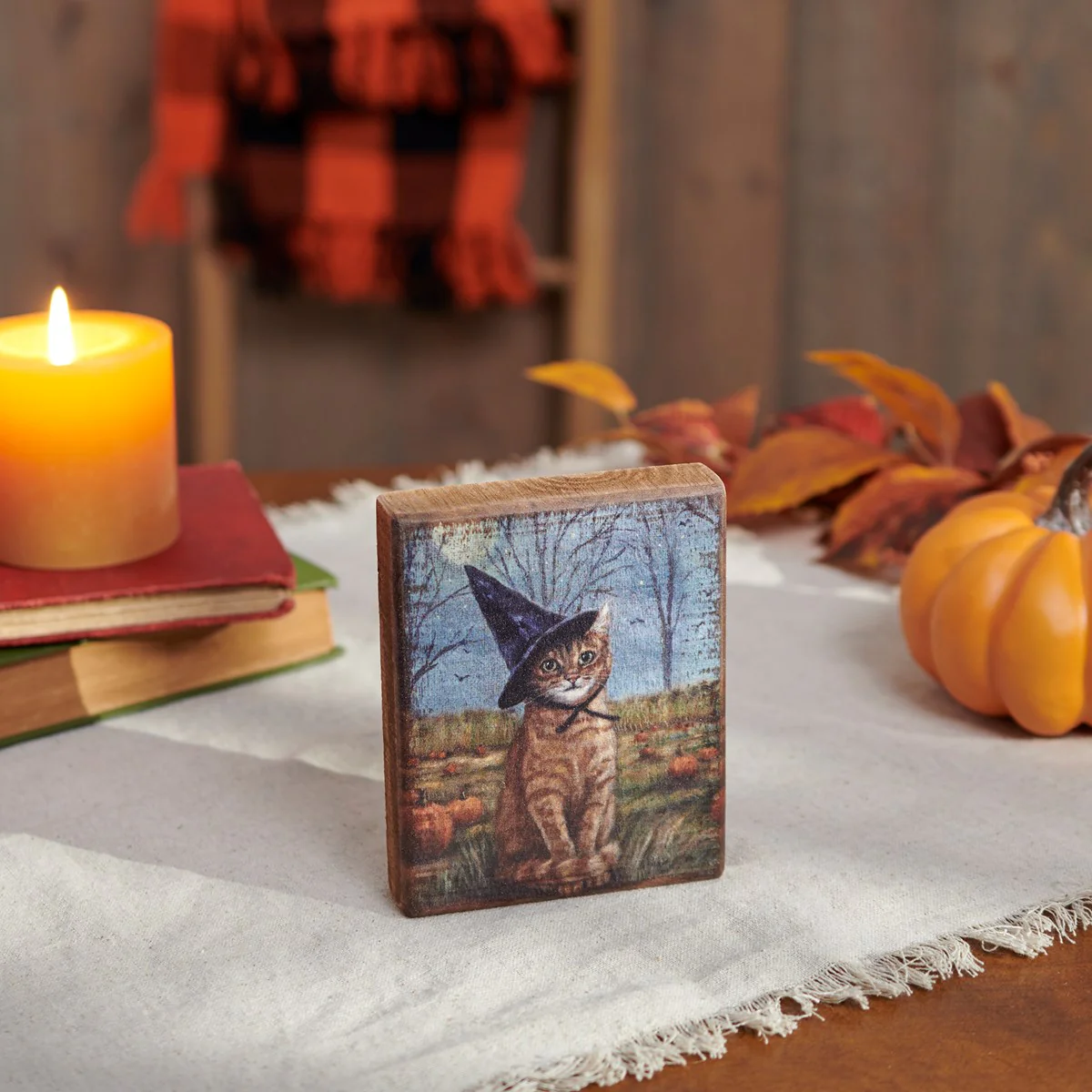 Tabby Cat Witch 5" Small Wooden Block Sign - Image 2