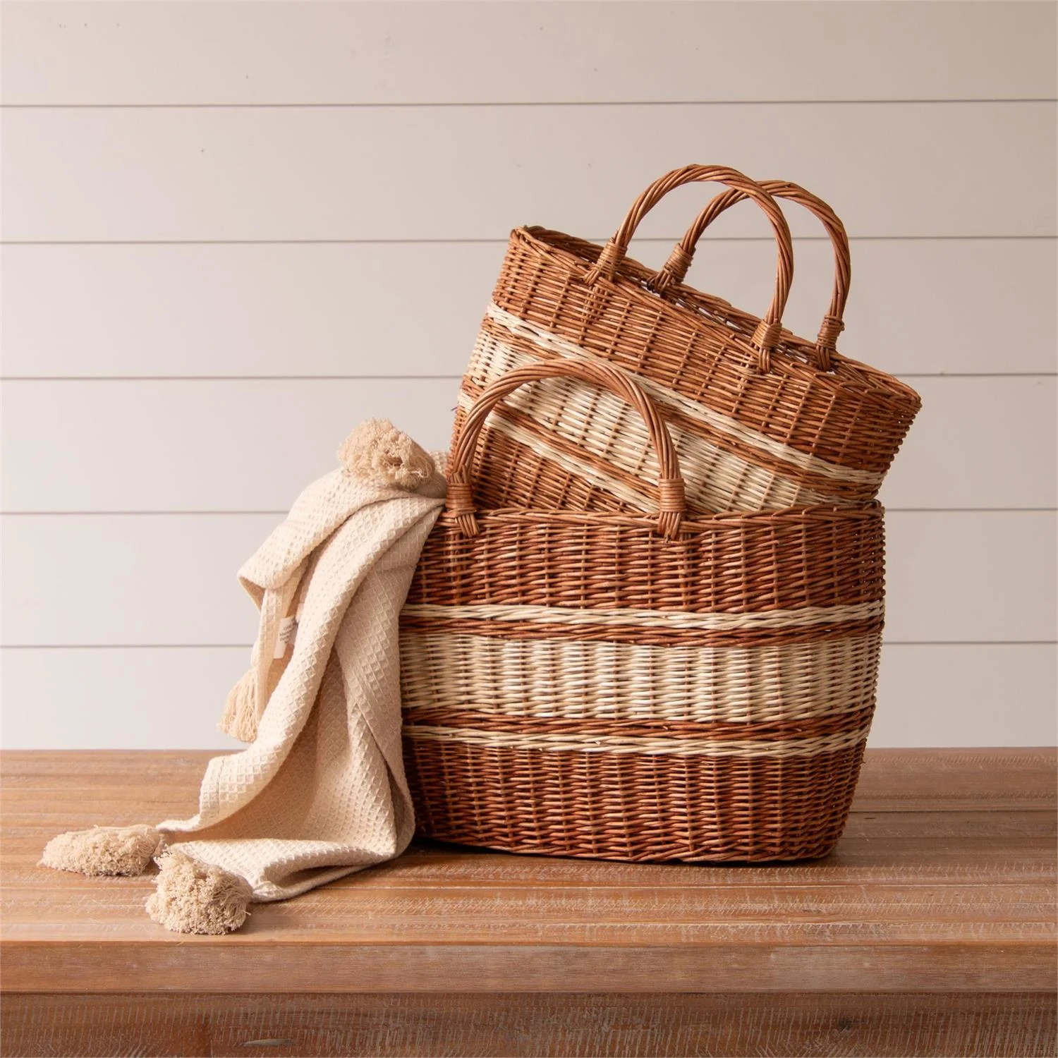 Tan And Cream Striped Handled Wicker Baskets Set of 2