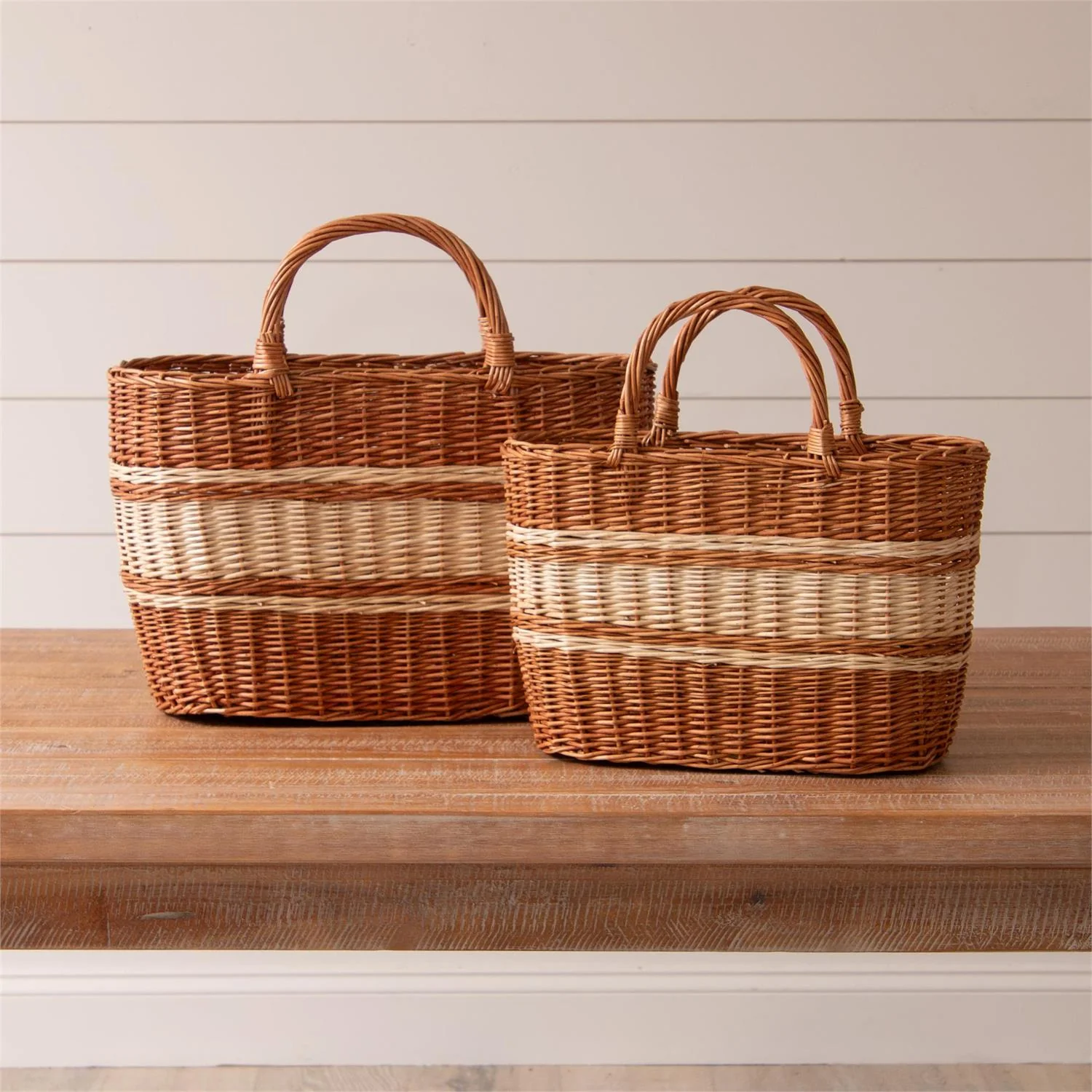 Tan And Cream Striped Handled Wicker Baskets Set of 2 - Image 2