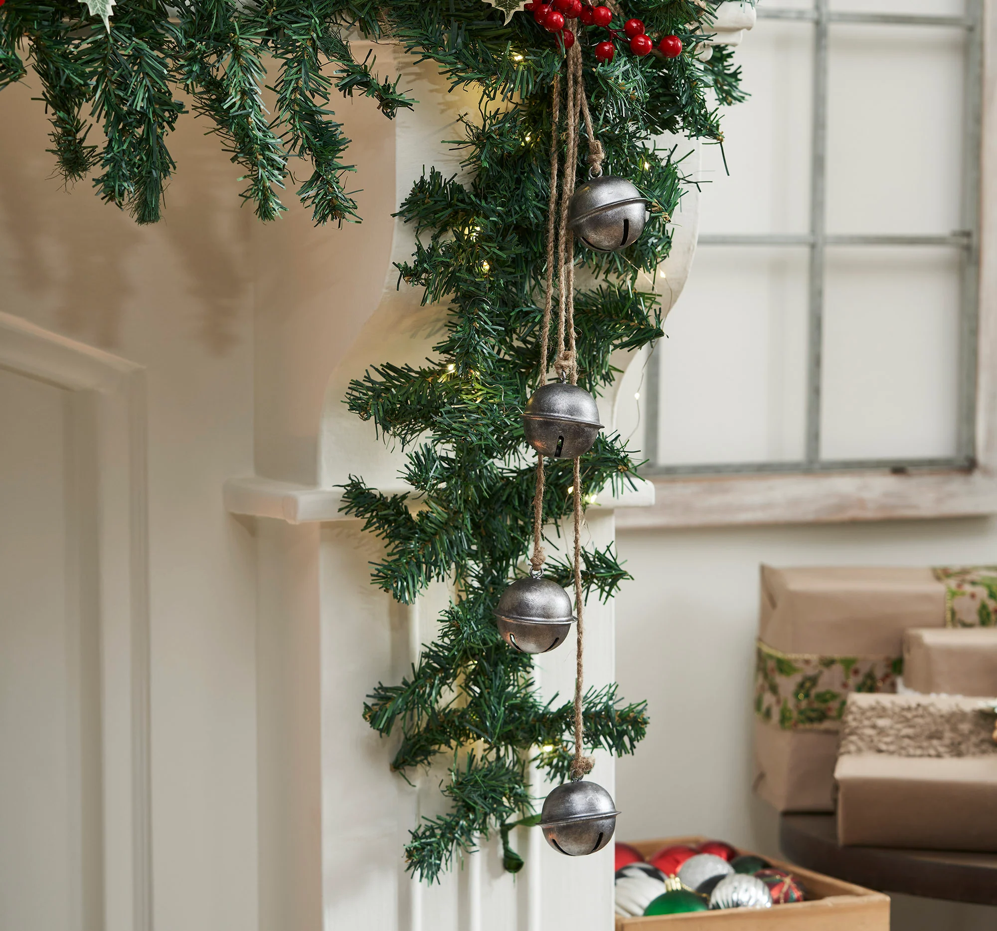 Tarnished Metal Decorative Bells on Jute Hanging Rope - Image 2