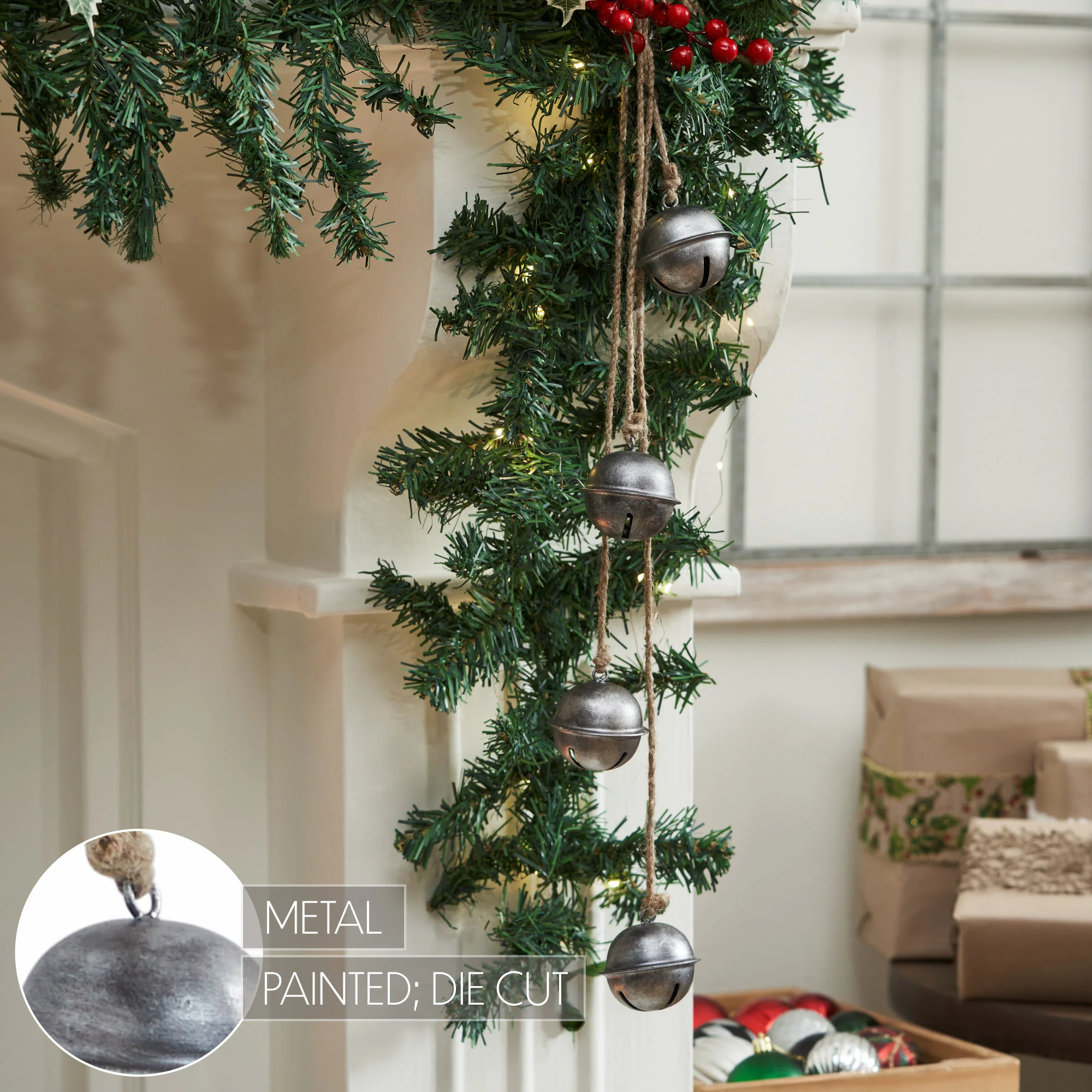 Tarnished Metal Decorative Bells on Jute Hanging Rope - Image 4