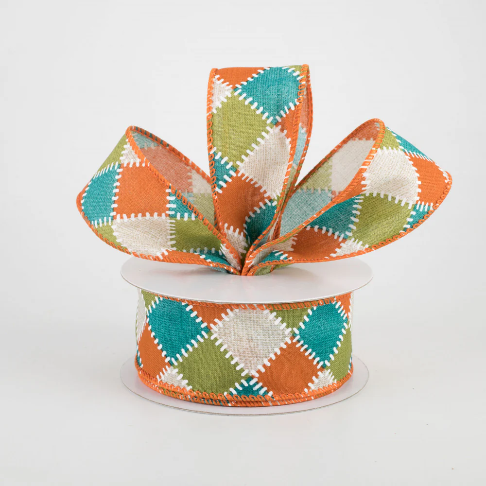 Teal Moss & Orange Natural Stitch Check Ribbon 1.5" x 10 yards - Image 2