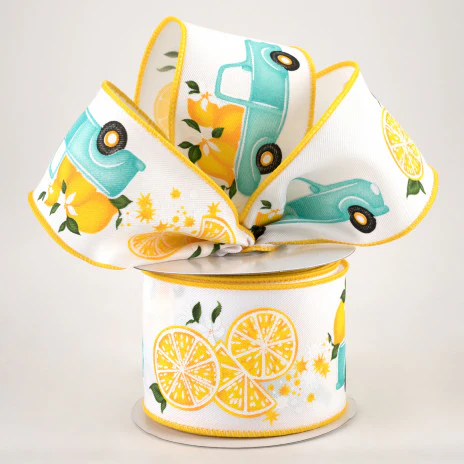 ๐ Teal Truck With Lemons on White Ribbon 2.5" x 10 yards - Image 2