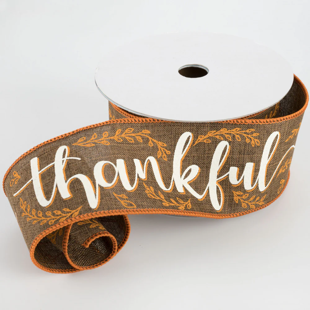 Thankful Script Brown Wire Edged Ribbon 2.5" x 10 yards