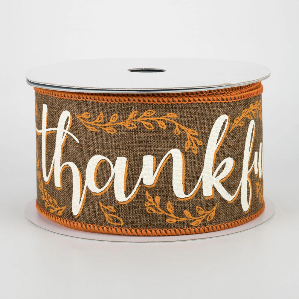 Thankful Script Brown Wire Edged Ribbon 2.5" x 10 yards - Image 2