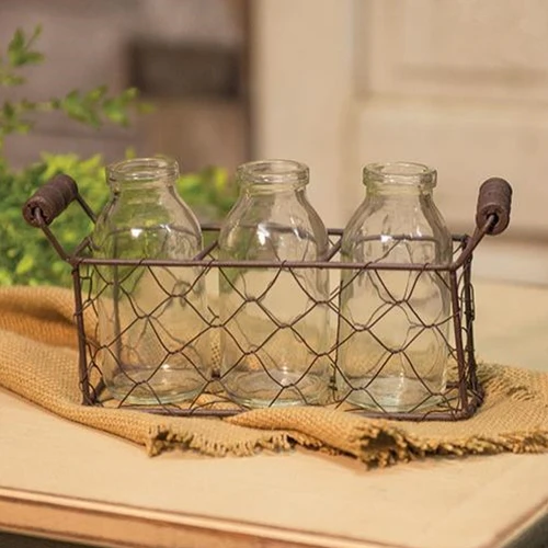 💙 Three Glass Bottles with Chicken Wire Caddy