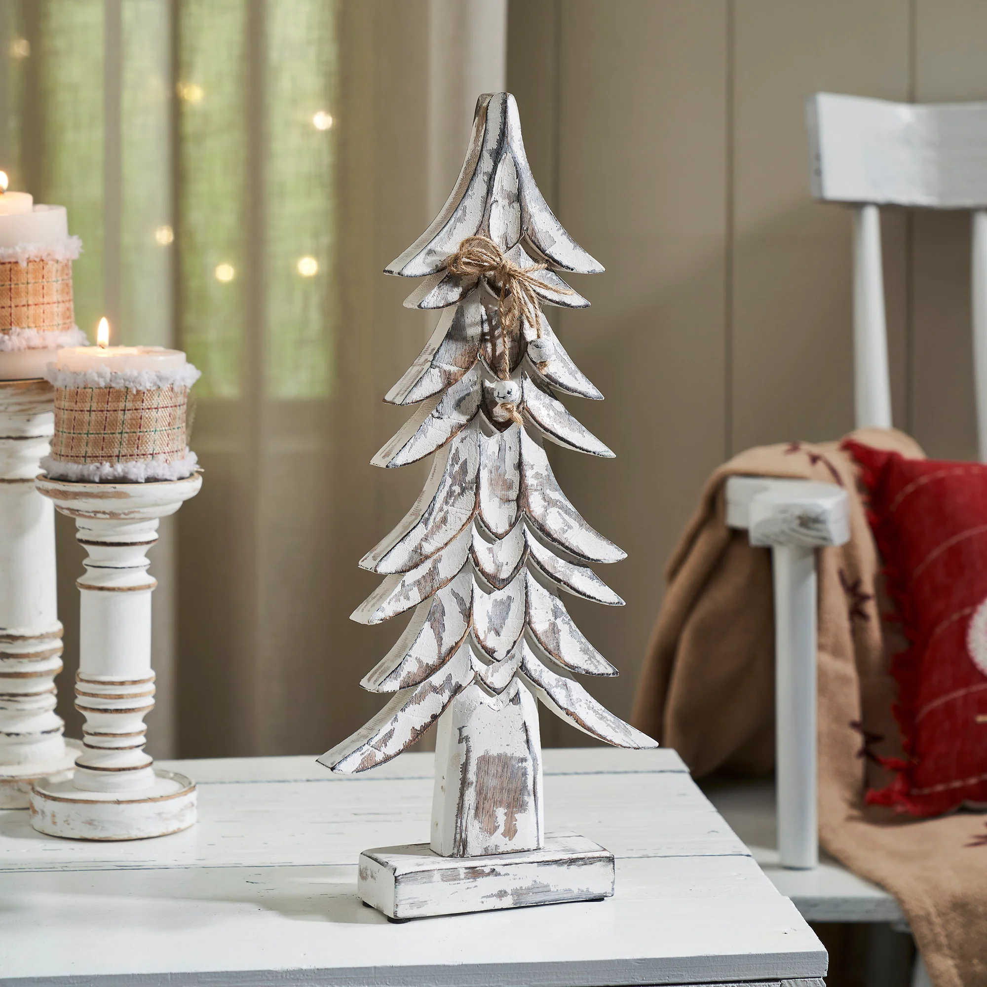 Timber Tidings Distressed White Wooden Tree 17" H