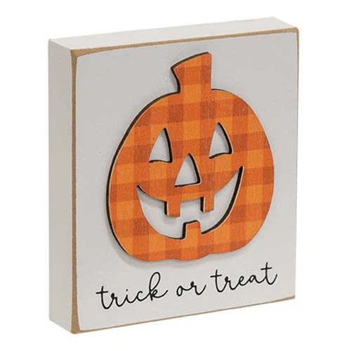 Trick or Treat Plaid Jack O'Lantern Small Wooden Block Sign