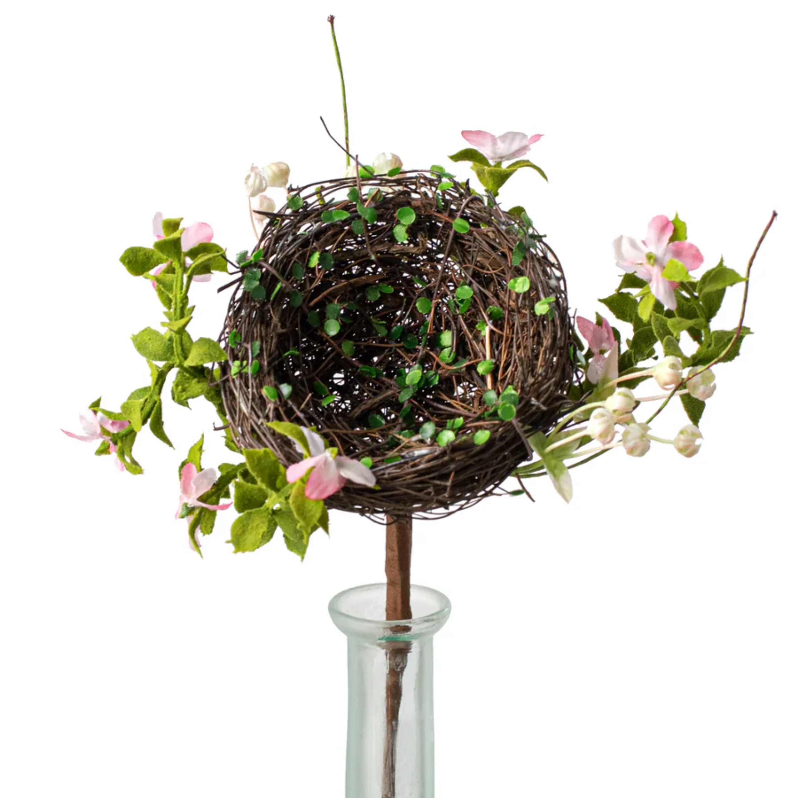 💙 Twig Nest with Pink Flowers 10" Faux Pick