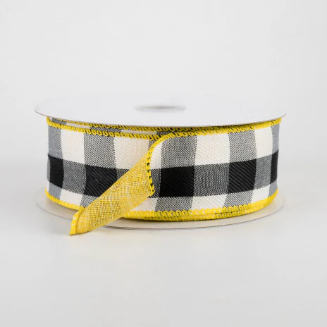💙 Two Sided Buffalo Plaid Black White Yellow Ribbon 1.5" x 10 yards - Image 2