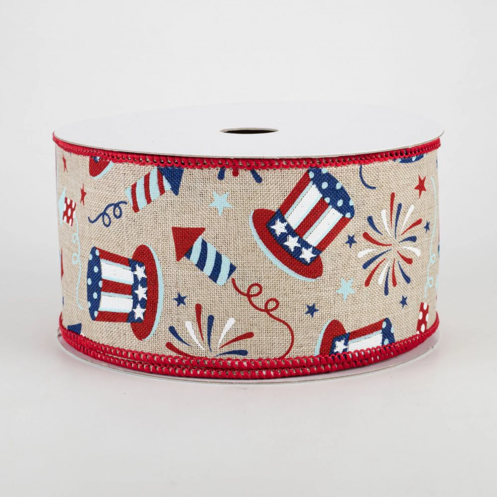 Uncle Sam Fireworks on Light Natural Ribbon 2.5" x 10 yards