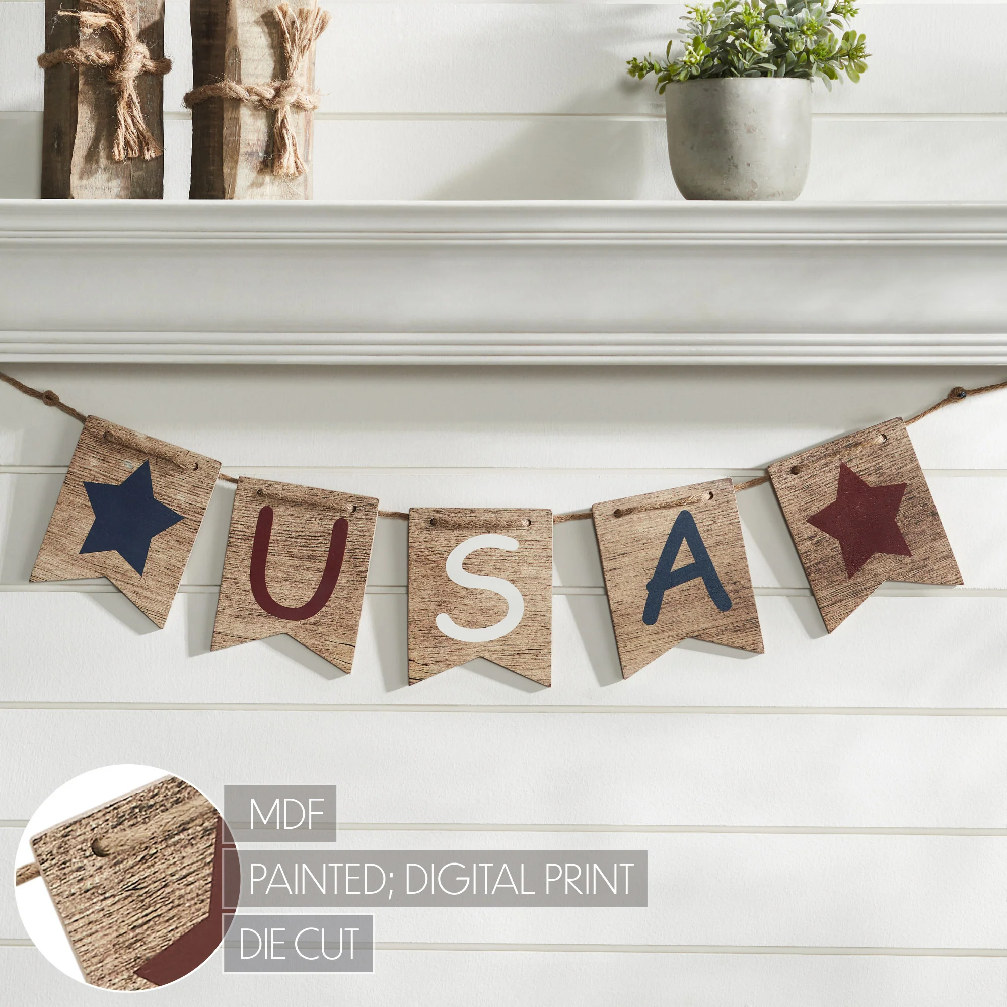 USA and Stars Wooden Banner with Twine - Image 5