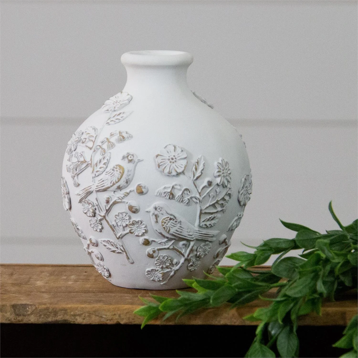 Vase With Textured Flowers and Birds 7.5" H