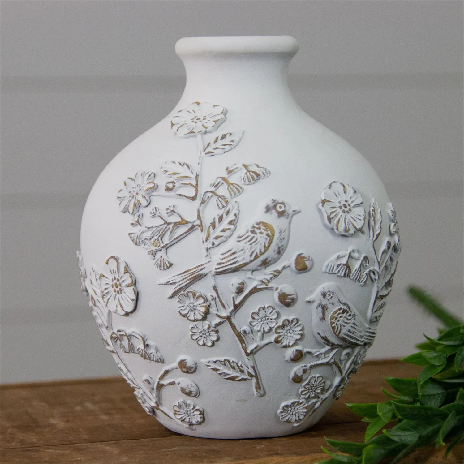 Vase With Textured Flowers and Birds 7.5" H - Image 2
