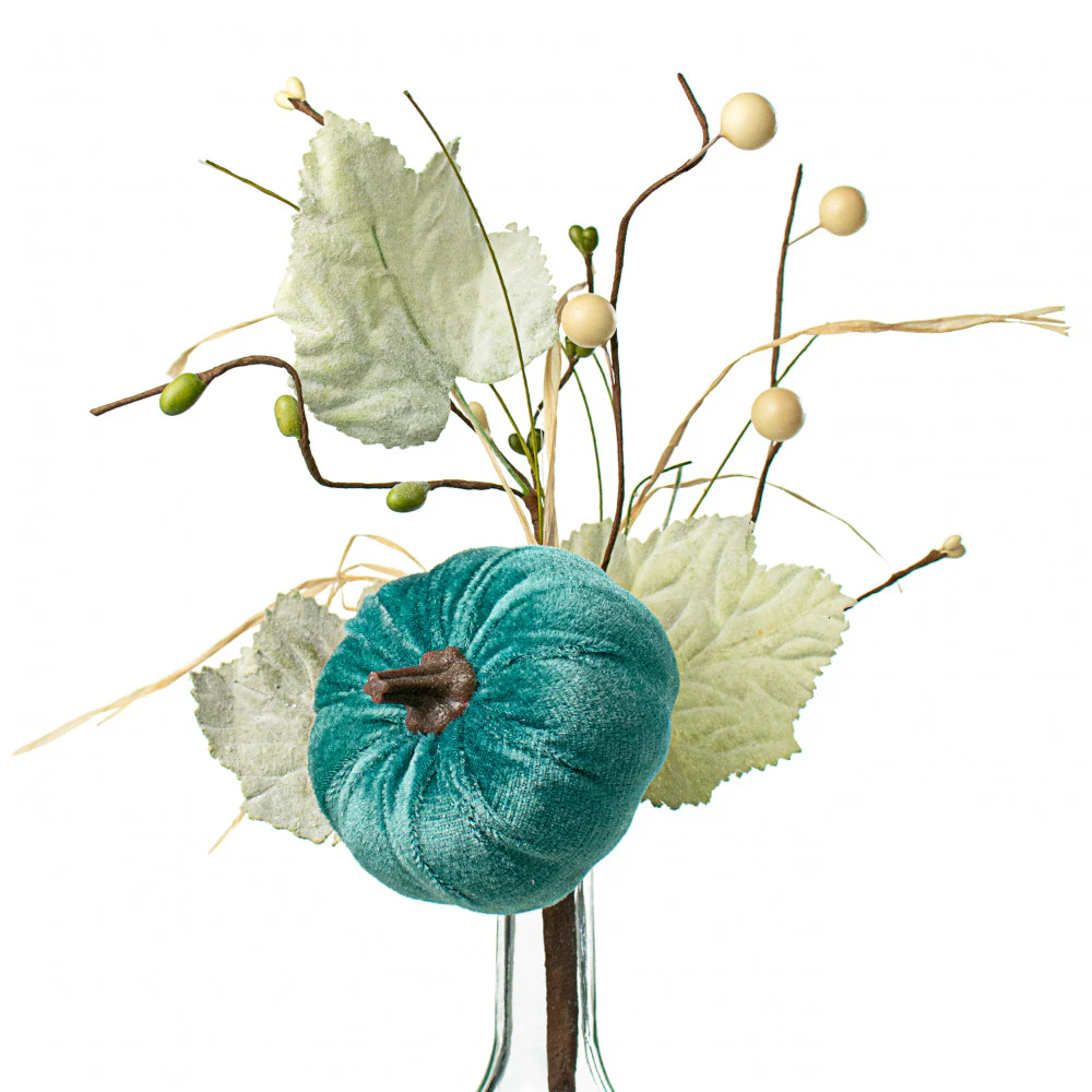 Velvet Teal Pumpkin Berries & Leaves 14" Pick