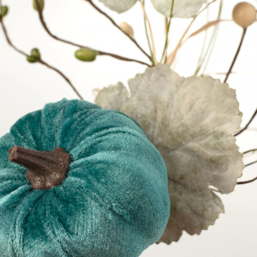 Velvet Teal Pumpkin Berries & Leaves 14" Pick - Image 2